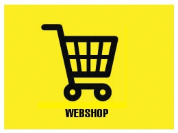 WEBSHOP, de afbeelding toont een icoon van een winkelkarretje, zwart op een gele achtergrond,  hier kan je doorklikken naar de webshop van entrepot baby outlet